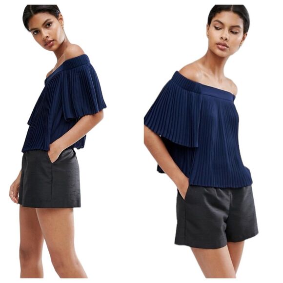 asos Women’s Off the Shoulder Pleated Top Sz 10 Blue Short Sleeve Flare Flowy - Picture 2 of 9